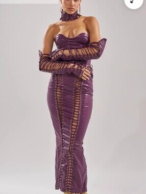 Akira What The Helly Pu Midi Dress Dark Purple Lace Up Faux Leather Medium